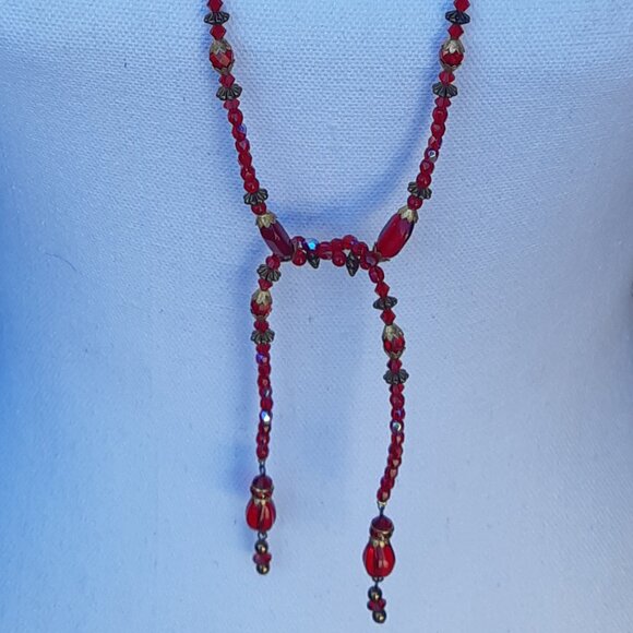1930-40's Czech Crystal Art Deco 44 Inch Red Lariat Necklace and Earring Set - Picture 12 of 12